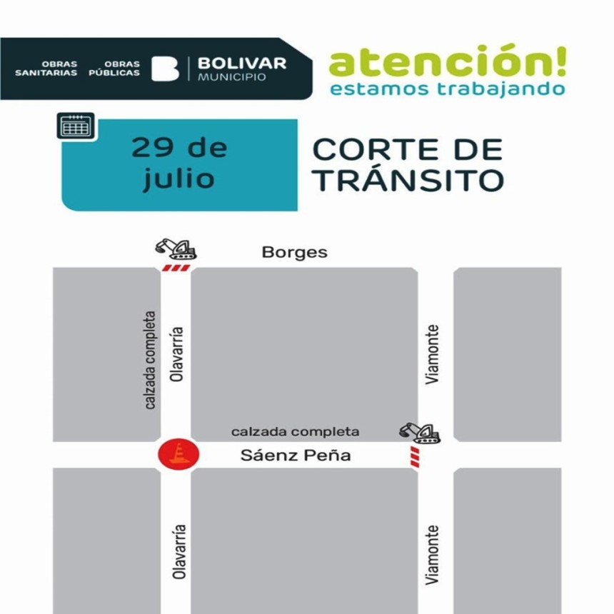 Aviso de corte de tr&aacute;nsito por obras de infraestructura sanitaria en un sector de la ciudad, en planta urbana