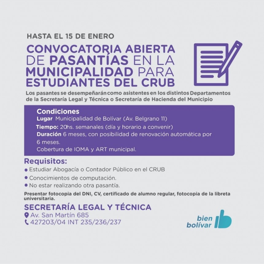 Se encuentra abierta la inscripci&oacute;n para realizar pasant&iacute;as en la Municipalidad