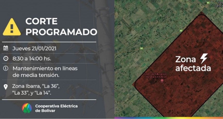 Corte de energ&iacute;a programado: Ser&aacute; el Jueves 21 de enero de 08:30 a 14:00 hs en la Zona de Ibarra, &ldquo;La 36&rdquo;, &ldquo;La 33&rdquo;, y &ldquo;La 14&rdquo;