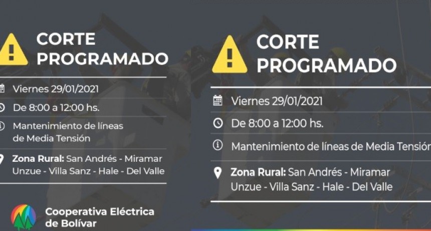 Corte de energ&iacute;a programado: Ser&aacute; el Viernes 29 de 08:00 a 12:00 en la zona de San Andr&eacute;s, Miramar, Unzu&eacute;, Villa Sanz, Hale y Del Valle