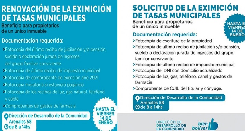 Se puede gestionar la eximición de tasas municipales hasta el viernes 14 de enero 