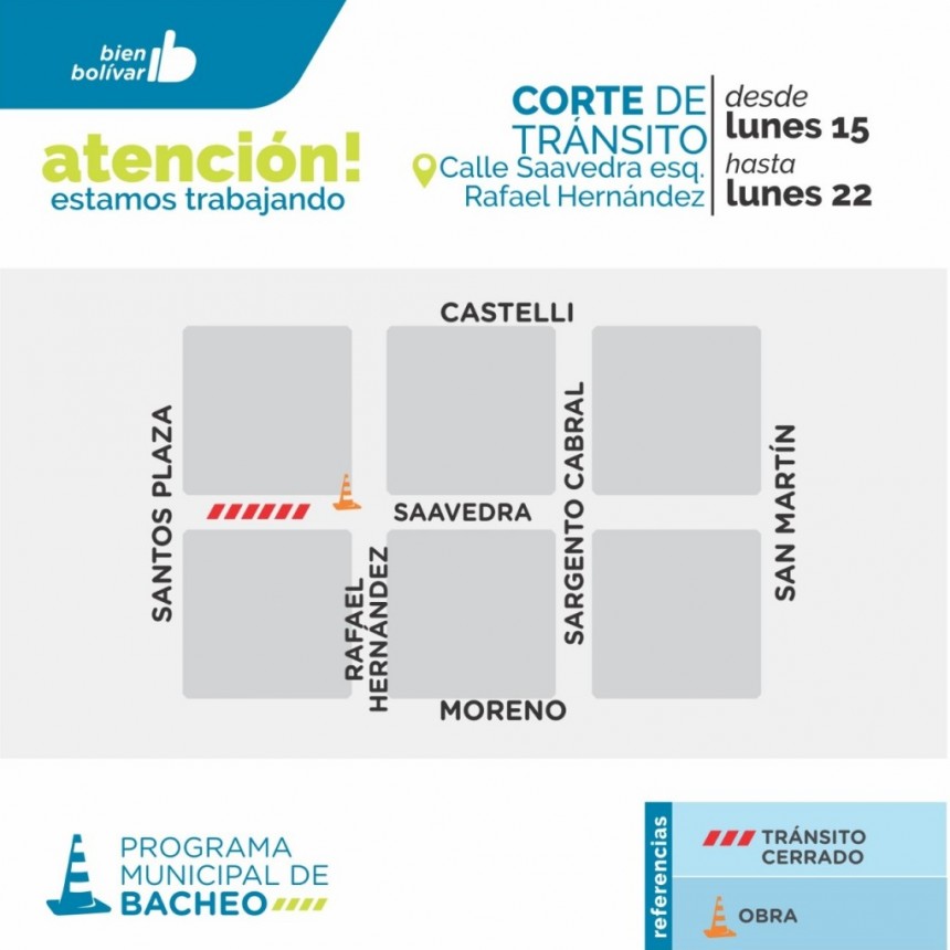 Programa Municipal de Bacheo: Corte de tr&aacute;nsito en calle Saavedra esq. Rafael Hern&aacute;ndez