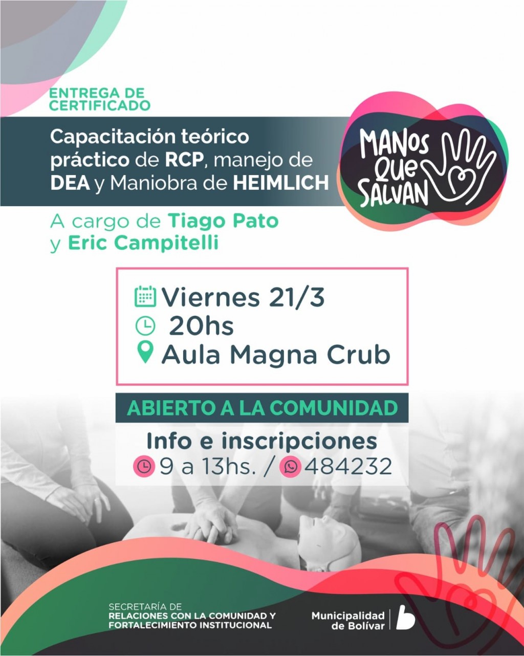 Capacitación gratuita y abierta a la comunidad en RCP y Maniobra de Heimlich en Bolívar