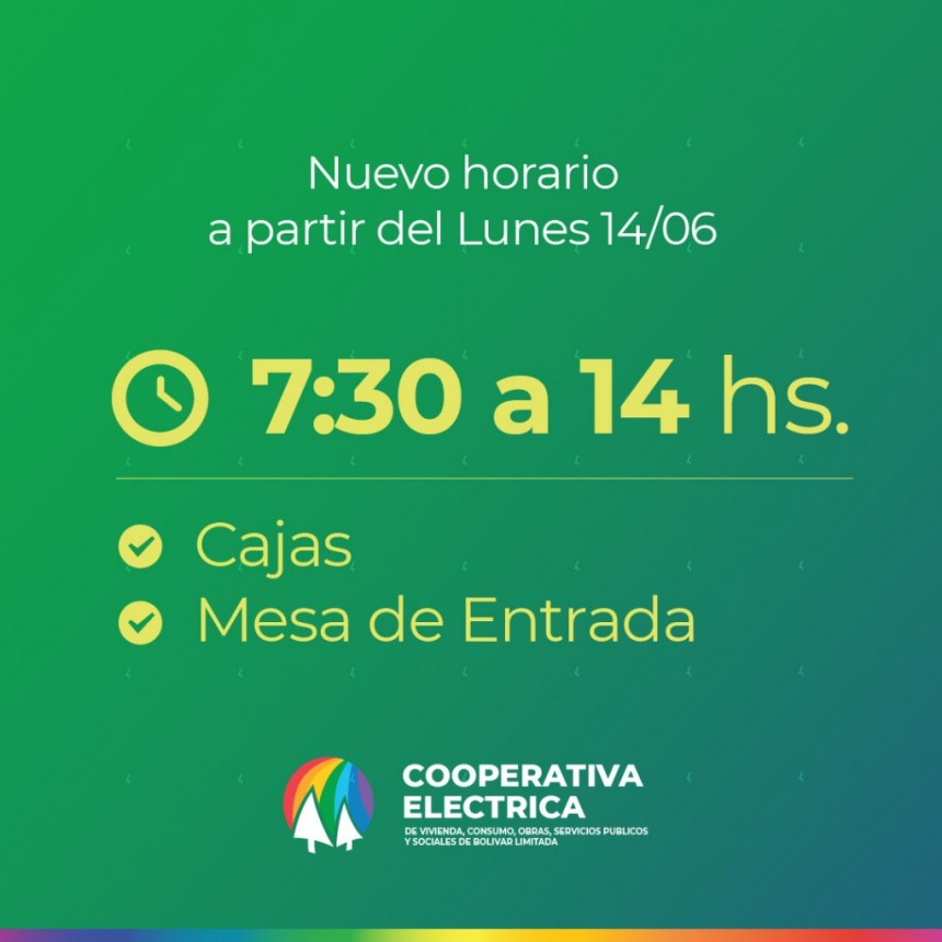 La Cooperativa El&eacute;ctrica de Bol&iacute;var informa a sus asociados un nuevo horario de atenci&oacute;n a partir del 14/06