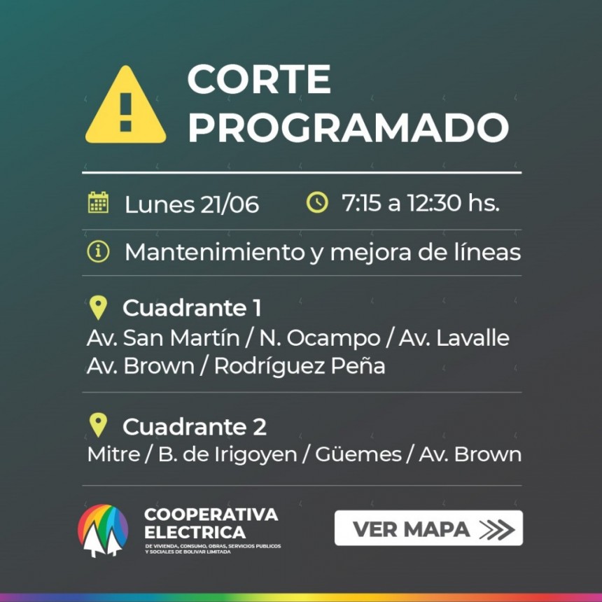 La Cooperativa El&eacute;ctrica de Bol&iacute;var informa sobre un corte programado para el d&iacute;a 21/6 de 07:15 a 12:30