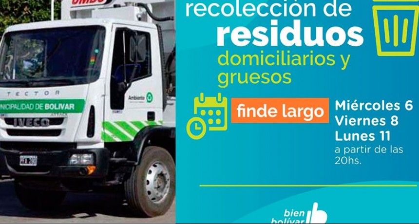 Recolección de residuos durante el feriado turístico:  Se llevará a cabo únicamente los días miércoles 6, viernes 8 y lunes 11 de octubre