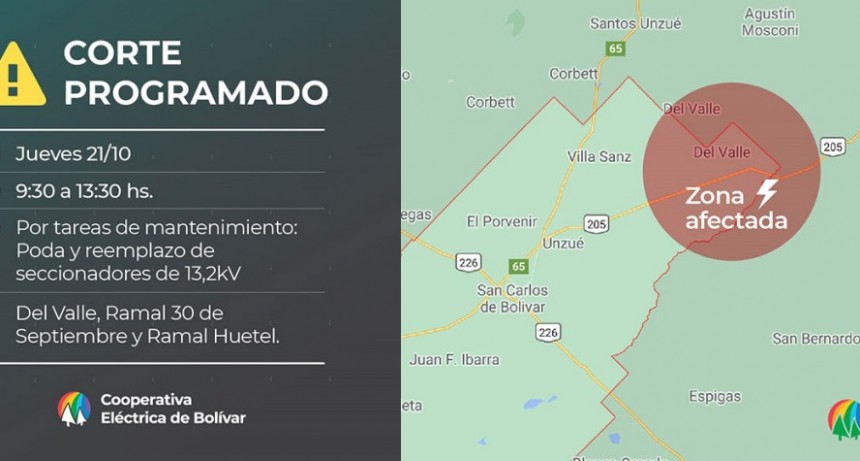 Corte de energía programado en Zona Rural para el día Jueves 21 
