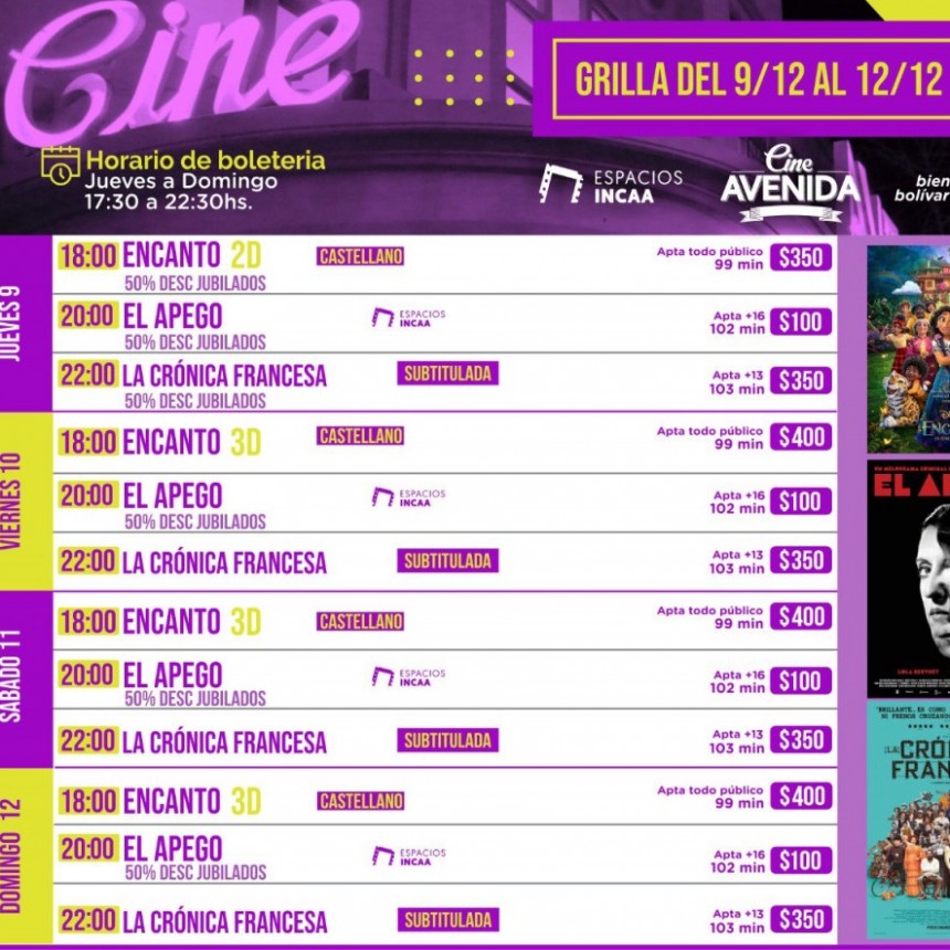 Conocé la cartelera del Cine Avenida para este fin de semana