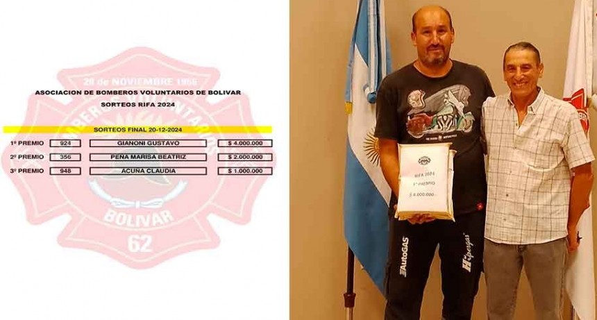 Bomberos Voluntarios hizo entrega de los premios finales de la Rifa 2024
